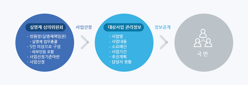 실명제 심의위원회-위원장:실명제 업무총괄,5인이상으로 구성,사업선정기준,대상사업 관련정보-사업명,사업내용,소요예산,사업기간,추진계획,담당자 현황,국민